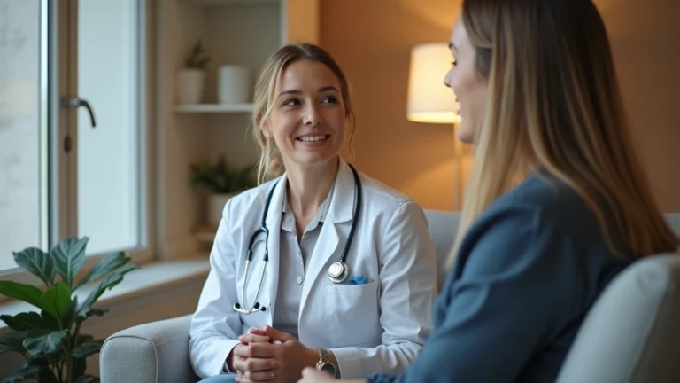 Licensed therapist consulting with patient in modern clinical office, professional medical setting, warm lighting, therapeutic environment