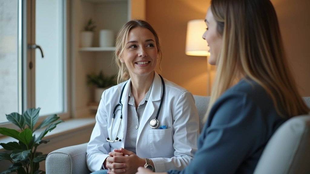 Licensed therapist consulting with patient in modern clinical office, professional medical setting, warm lighting, therapeuti