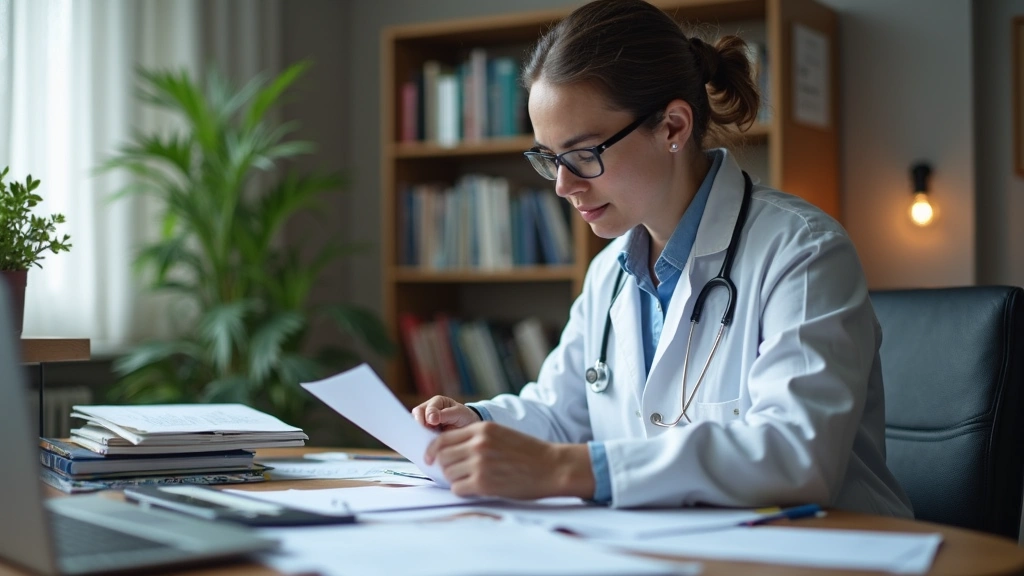 Mental health professional reviewing clinical research papers and peer-reviewed journals at desk, evidence-based practice mat