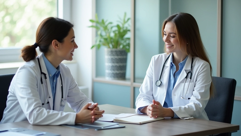 Patient meeting with psychiatrist for consultation, clinical office setting, professional healthcare interaction, modern medi