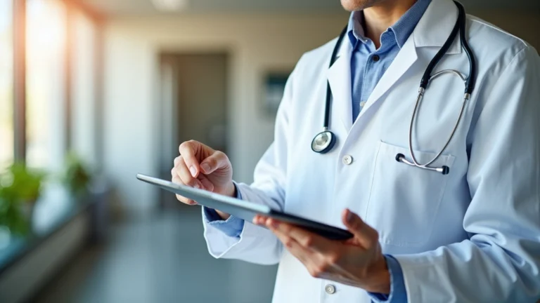 Healthcare professional reviewing patient cost estimates on digital tablet in modern clinic office, natural lighting, professional medical environment