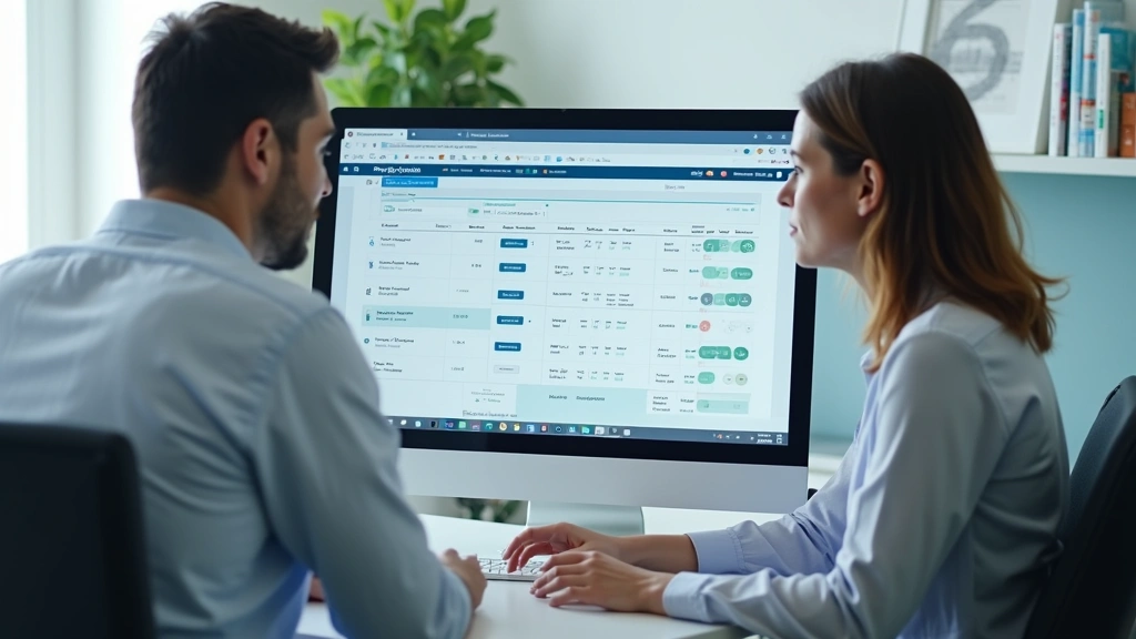 Patient and insurance advisor comparing healthcare cost data on computer screen, focused discussion in healthcare facility co