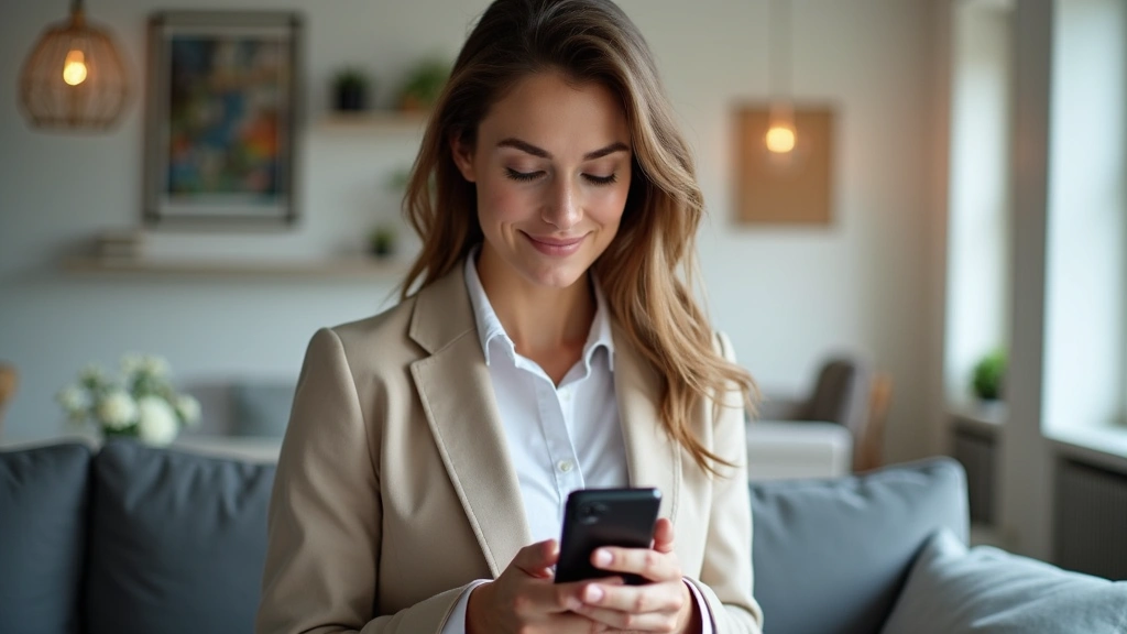 Woman using smartphone to research medical procedure costs at home, confident expression, modern living room setting, healthc