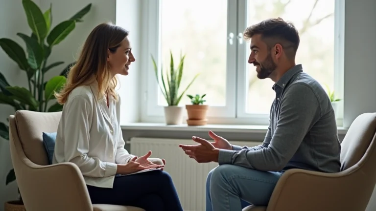 Professional mental health counselor conducting therapy session with patient in modern clinical office with natural lighting and comfortable seating