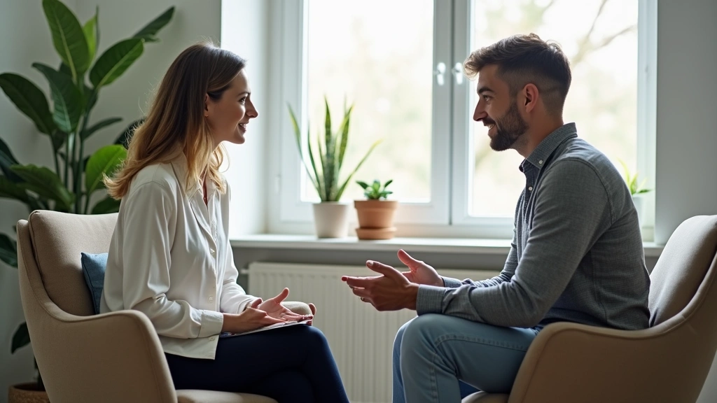 Professional mental health counselor conducting therapy session with patient in modern clinical office with natural lighting