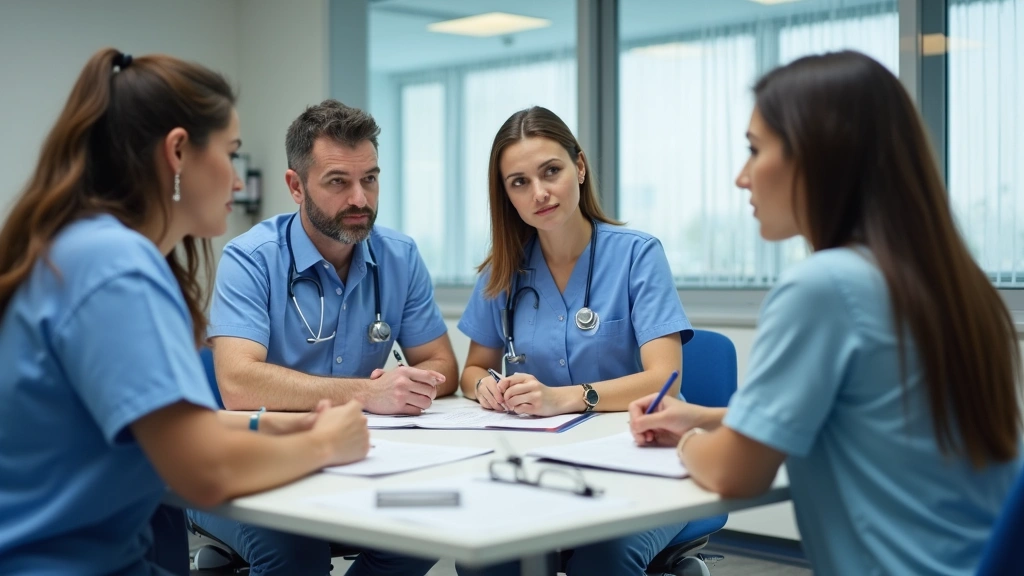 Diverse healthcare team of psychiatrists and therapists reviewing patient records in collaborative hospital meeting room