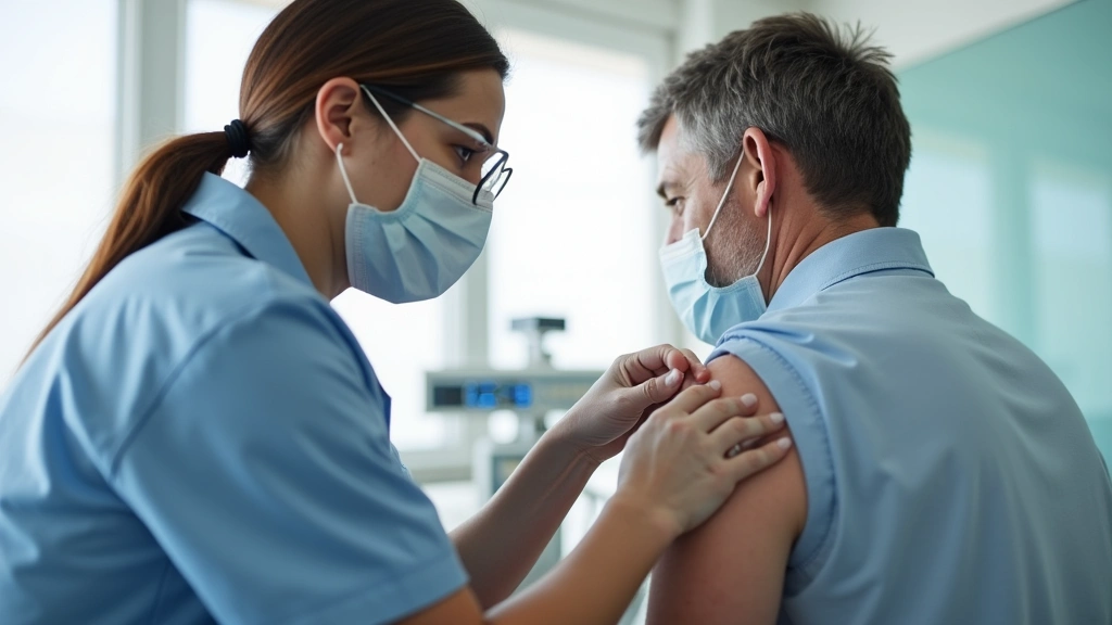 Healthcare professional administering vaccine to adult patient in modern clinic setting, bright natural lighting, medical equipment visible in background