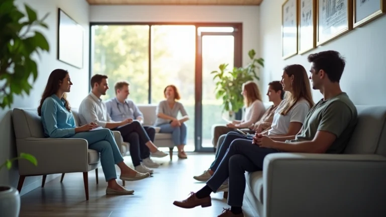 Professional community health clinic waiting room with diverse patients, modern medical office setting, welcoming healthcare environment, no visible text or signage