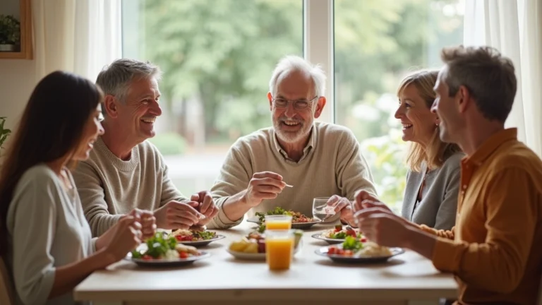 Multi-generational family sitting together at dining table with healthy meal, smiling and talking, bright natural lighting, warm home setting
