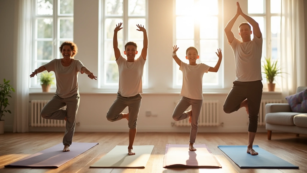 Family of four doing yoga or stretching together in living room, all smiling, natural sunlight from windows, peaceful home en