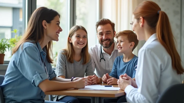 Professional family doctor consultation in modern clinic office, diverse family with children meeting with female physician, warm lighting, stethoscope visible