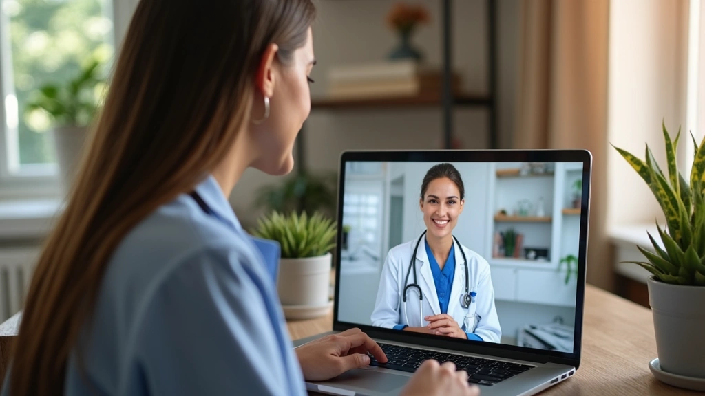 Female healthcare provider conducting telemedicine virtual visit on laptop, home office setting, professional medical environ