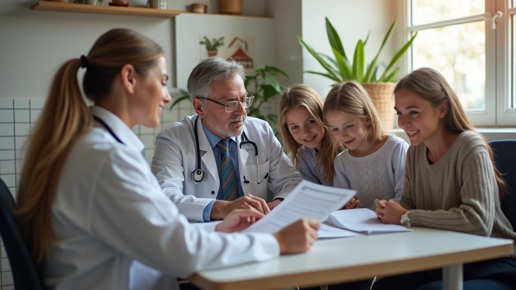Professional family medicine doctor reviewing medical charts with multi-generational family members in modern clinic office s