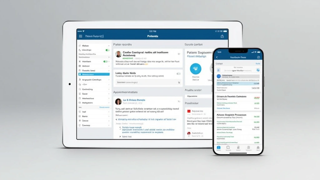 Patient portal interface displayed on tablet and smartphone showing family health records, secure messaging, and appointment