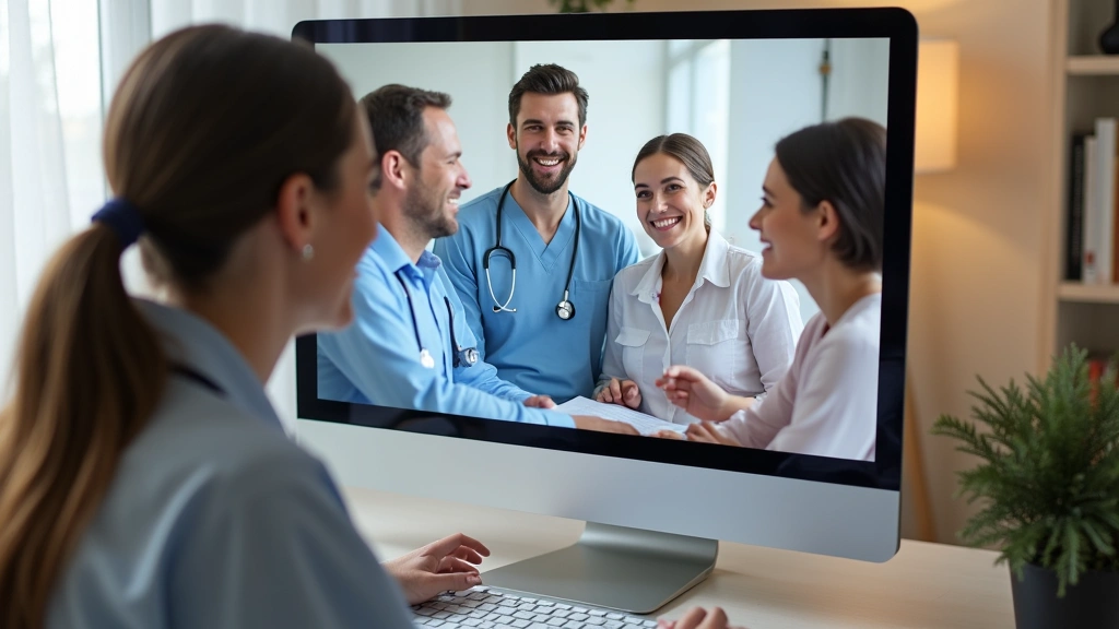 Healthcare provider conducting telehealth consultation with family members visible on screen in home setting, showing accessi