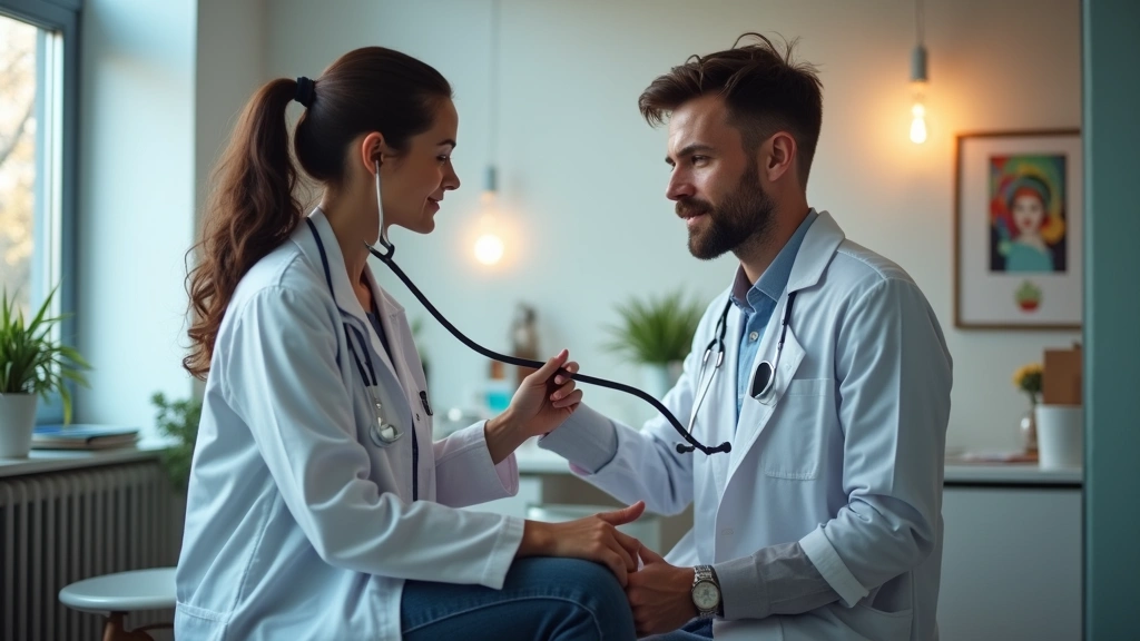 Professional female doctor in white coat examining male patient with stethoscope in modern medical clinic office, warm lighting, patient seated on examination table