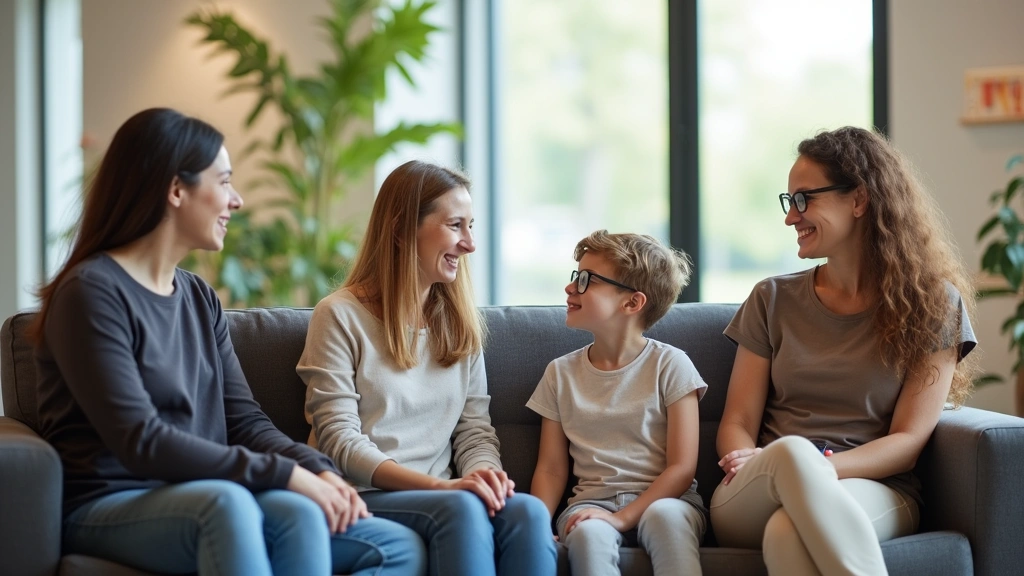 Diverse family of four in comfortable waiting room of modern healthcare facility, natural light, welcoming atmosphere with co