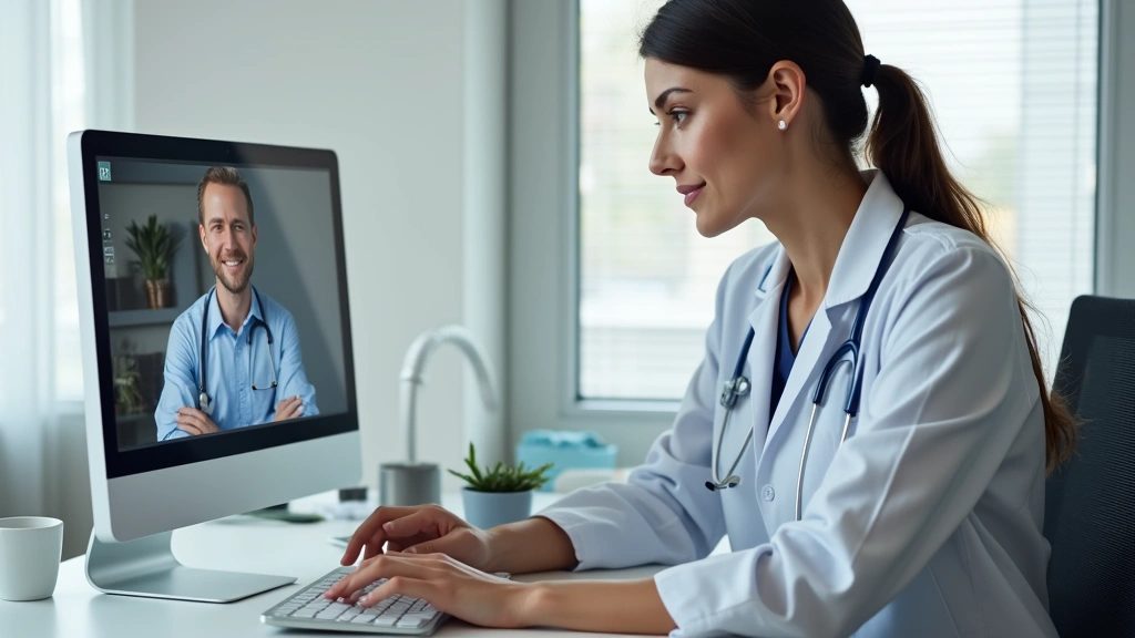 Healthcare professional conducting telehealth virtual consultation on laptop at desk in medical office, professional setting,