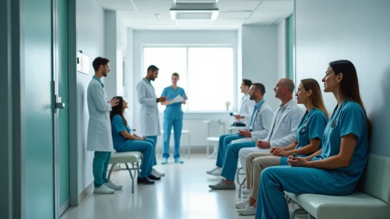 Professional medical clinic interior with diverse healthcare providers and patients in examination room, modern equipment, welcoming atmosphere