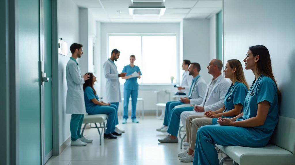 Professional medical clinic interior with diverse healthcare providers and patients in examination room, modern equipment, welcoming atmosphere