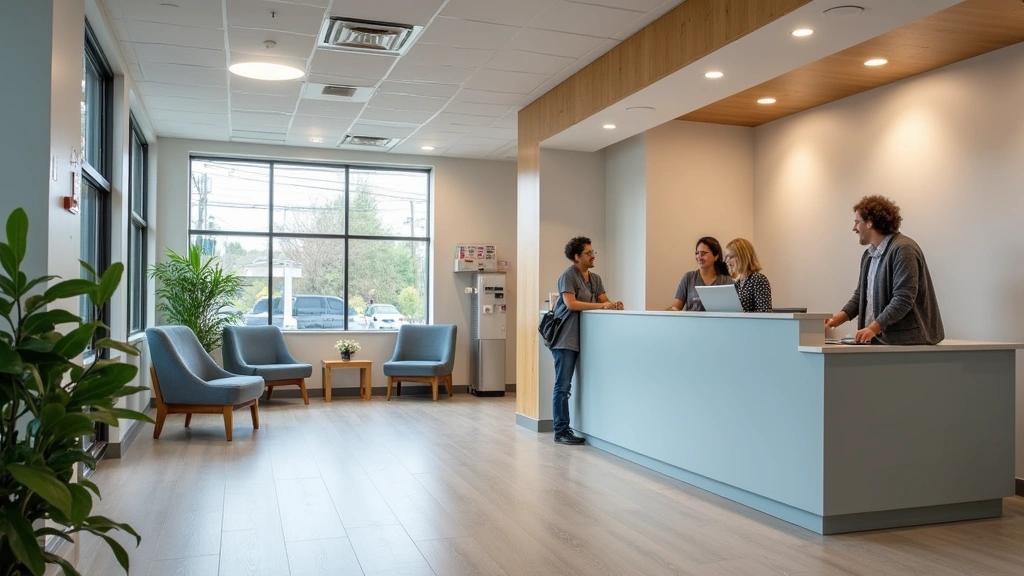 Family health center reception area with diverse staff at desk, waiting area with comfortable seating, professional medical s