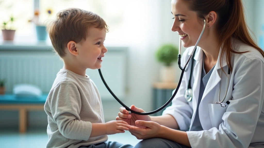 Pediatric doctor examining young child with stethoscope in bright, child-friendly clinic room, parent present, caring medical