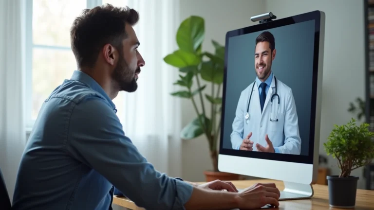 Male patient in modern home office during video consultation with healthcare provider on computer screen, professional medical setting, natural lighting