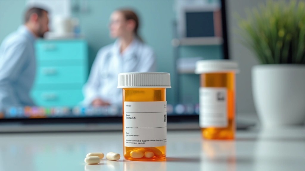 Close-up of prescription medication bottle with pills next to computer showing telehealth appointment, professional healthcar