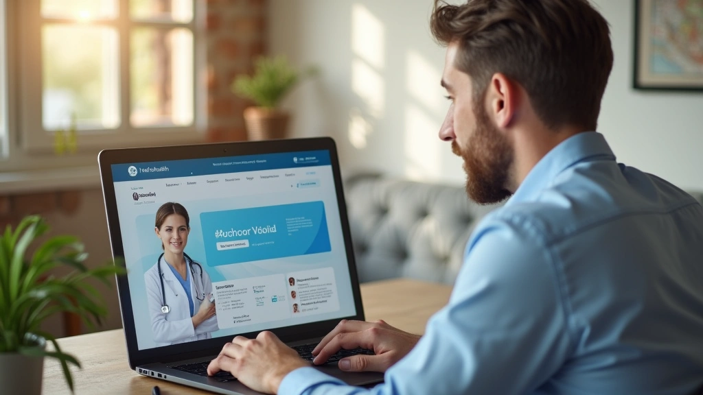 Young man reviewing healthcare documents at home with laptop showing telehealth portal, natural morning light, professional m