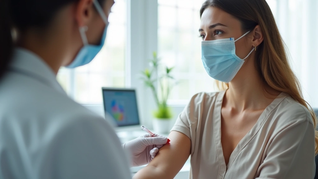 Woman in medical clinic receiving blood test for vitamin deficiency screening, healthcare professional drawing blood sample, clinical setting with natural lighting