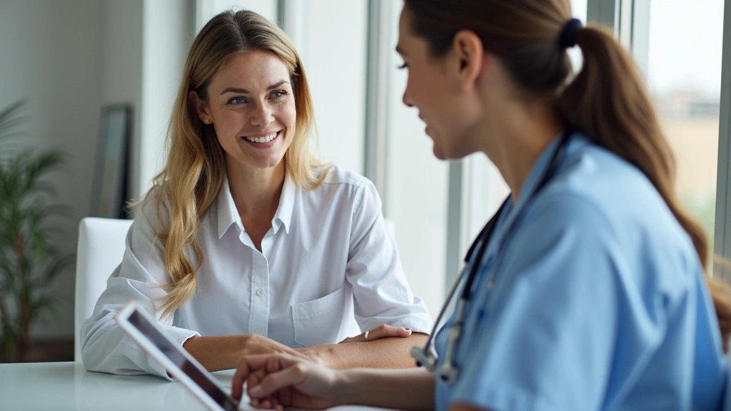 Mature woman consulting with female healthcare provider in modern telehealth office, reviewing supplement recommendations on 