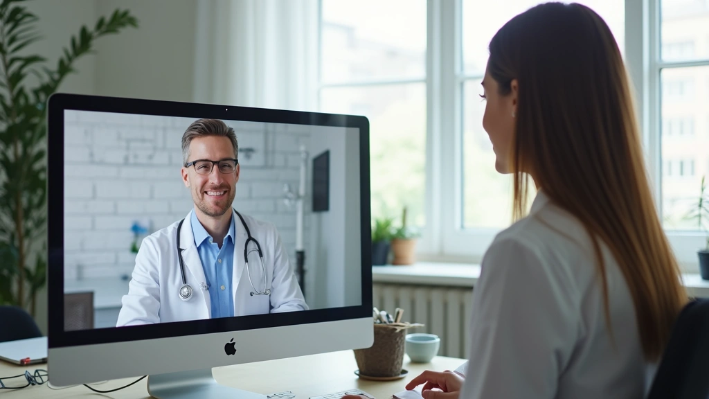 Professional woman in home office setting having video consultation with male doctor on computer screen, modern bright room with natural lighting, healthcare technology visible