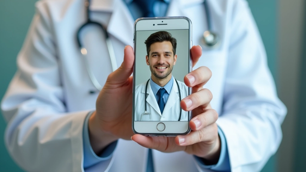 Close-up of hands holding smartphone with telehealth video call interface, showing doctors face on screen, clean medical aest