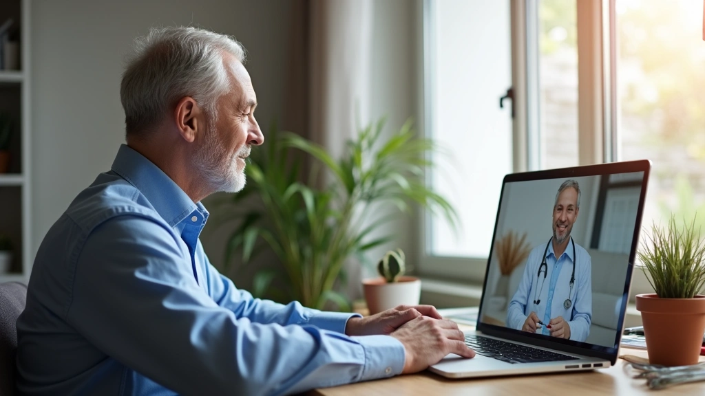 Middle-aged patient sitting comfortably at home desk during virtual medical appointment, healthcare provider visible on lapto