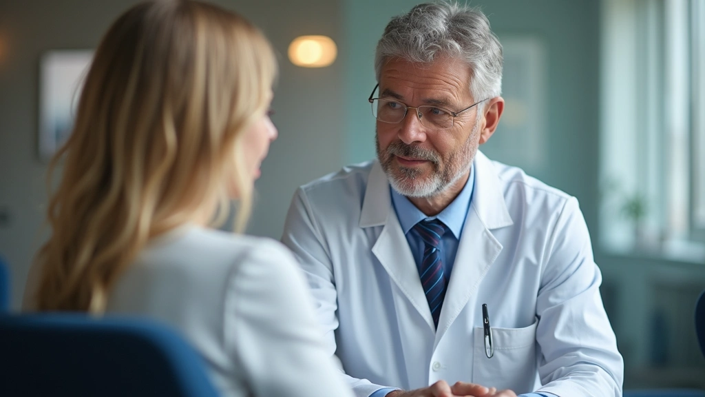 Professional gastroenterologist in white coat consulting with patient in modern medical office, warm lighting, clinical setting