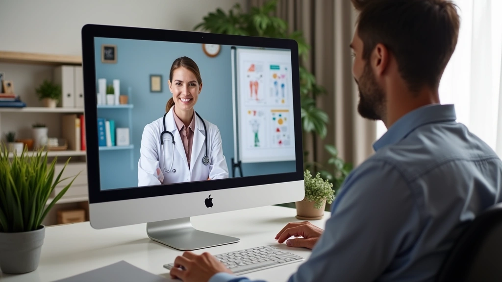 Patient having telehealth consultation with digestive specialist on computer screen, home office environment, relaxed profess
