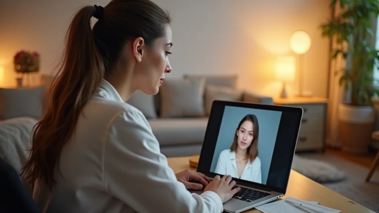 Professional female therapist conducting video consultation on laptop in modern home office, warm lighting, compassionate expression, client visible on screen