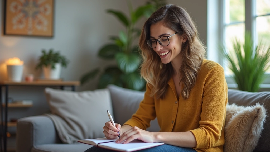 Licensed therapist taking notes during online session, comfortable therapy office background, plants and warm decor, professi