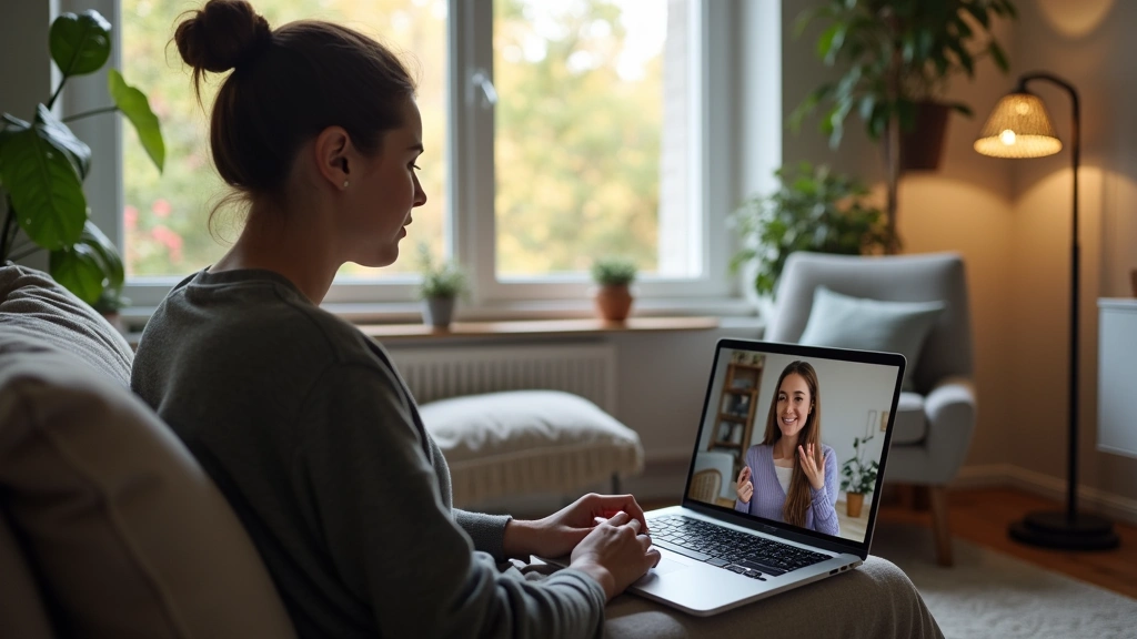 Person sitting comfortably at home during mental health video call with therapist, natural lighting, peaceful home environmen