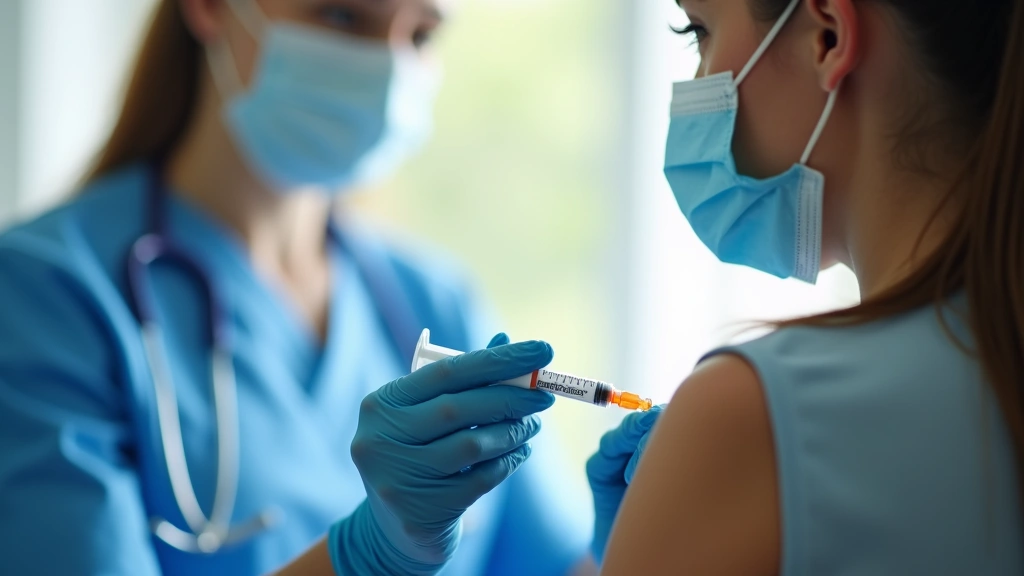 Healthcare professional administering vaccine injection to patient in clinical setting, professional medical environment, natural lighting