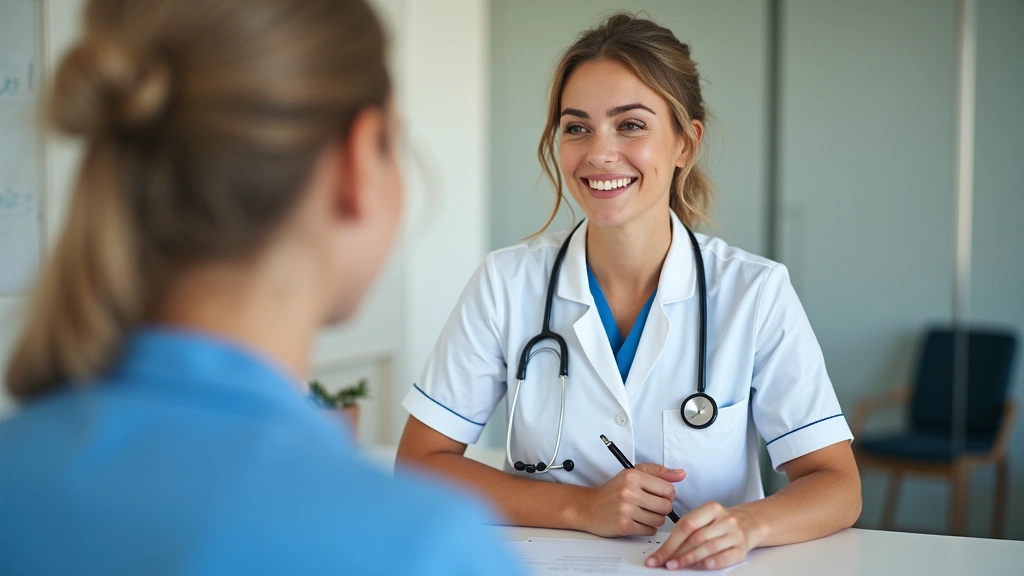 Nurse scheduling appointment at reception desk with patient, modern health clinic interior, friendly professional atmosphere