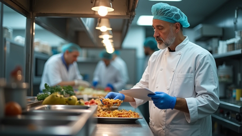 Public health inspector conducting food safety inspection in commercial kitchen, professional medical oversight, documentatio