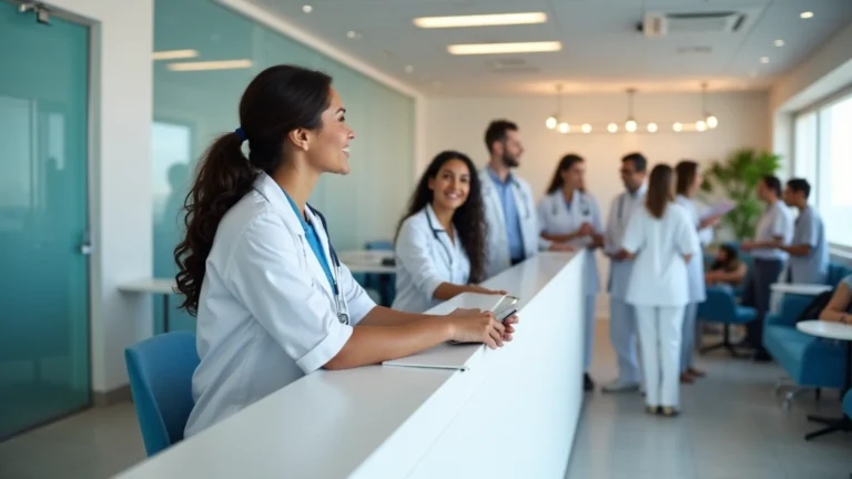Professional healthcare clinic reception area with diverse patients checking in, welcoming staff at desk, modern medical facility interior with clean design and comfortable seating