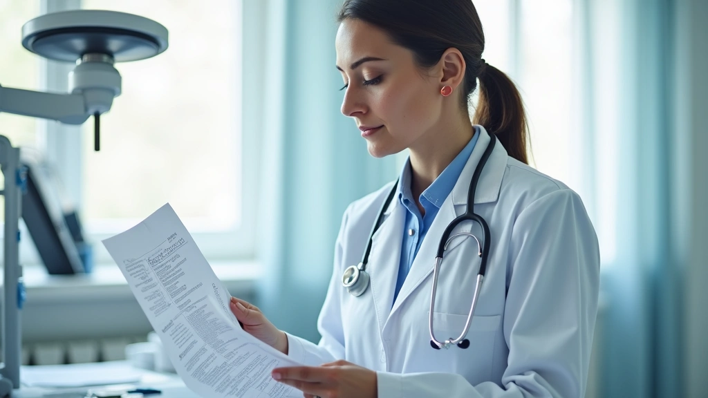 Doctor in white coat reviewing patient medical records in bright clinical examination room, stethoscope visible, professional