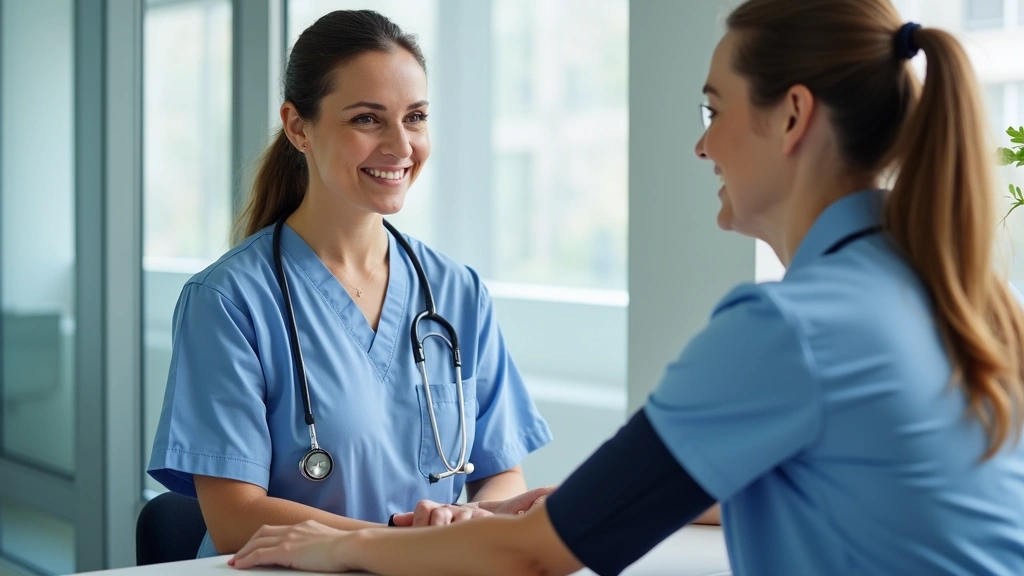 Patient receiving preventive health screening or blood pressure check from nurse in clinical setting, caring medical professi