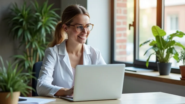Professional female therapist conducting virtual telehealth session on laptop in modern clinical office with plants and natural lighting
