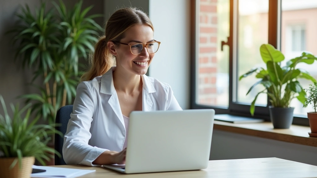 Professional female therapist conducting virtual telehealth session on laptop in modern clinical office with plants and natural lighting