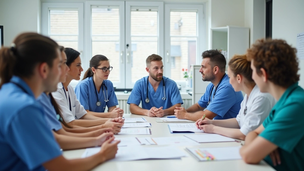 Diverse group of healthcare professionals in psychiatric clinic setting reviewing patient charts and treatment plans at confe