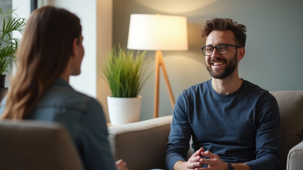 Male patient in comfortable outpatient therapy session with licensed counselor in welcoming office environment with soft ligh