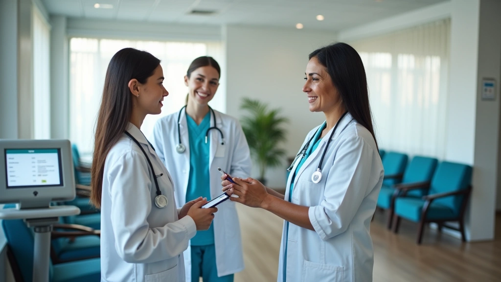 Professional healthcare staff assisting patient in bright, modern urgent care clinic waiting room with digital check-in kiosk visible, natural lighting, welcoming atmosphere